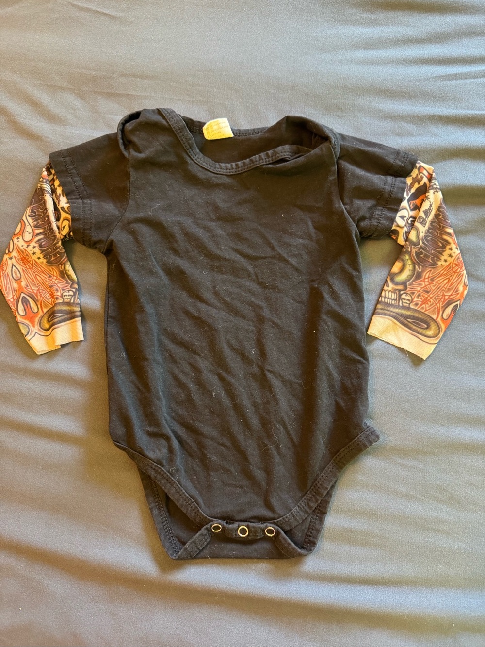 Black Long Sleeve Kids One-Piece Bodysuit with Tattoo-Print Sleeves